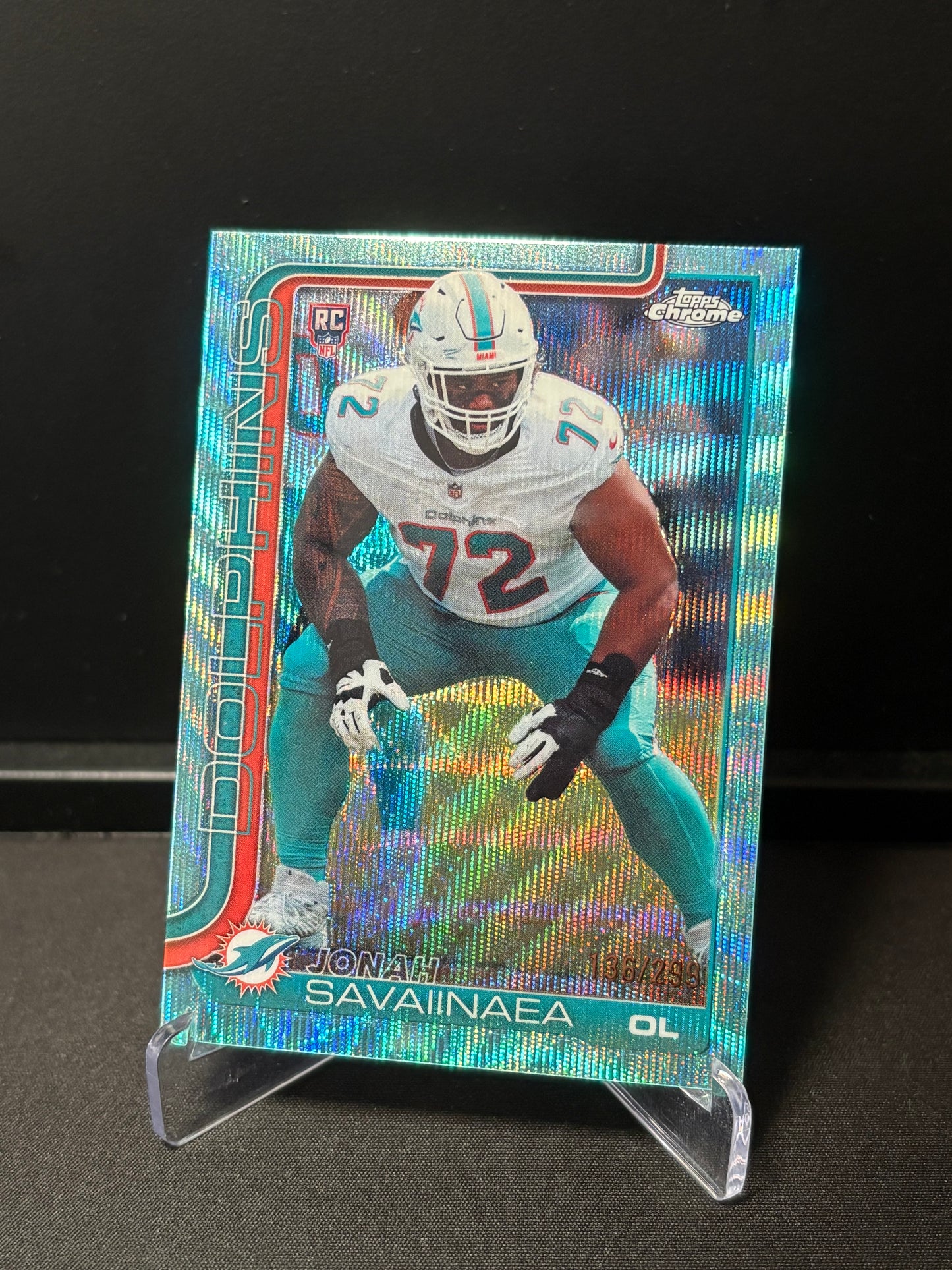 Jonah Savaiinaea RC Topps Chrome 2026 "Aqua Wave /199" Miam Dolphins