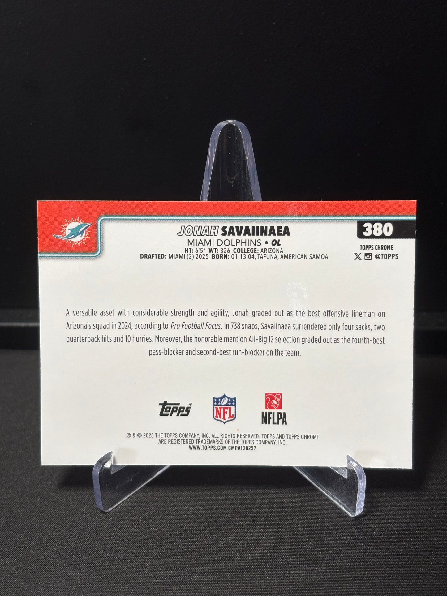 Jonah Savaiinaea RC Topps Chrome 2026 "Aqua Wave /199" Miam Dolphins