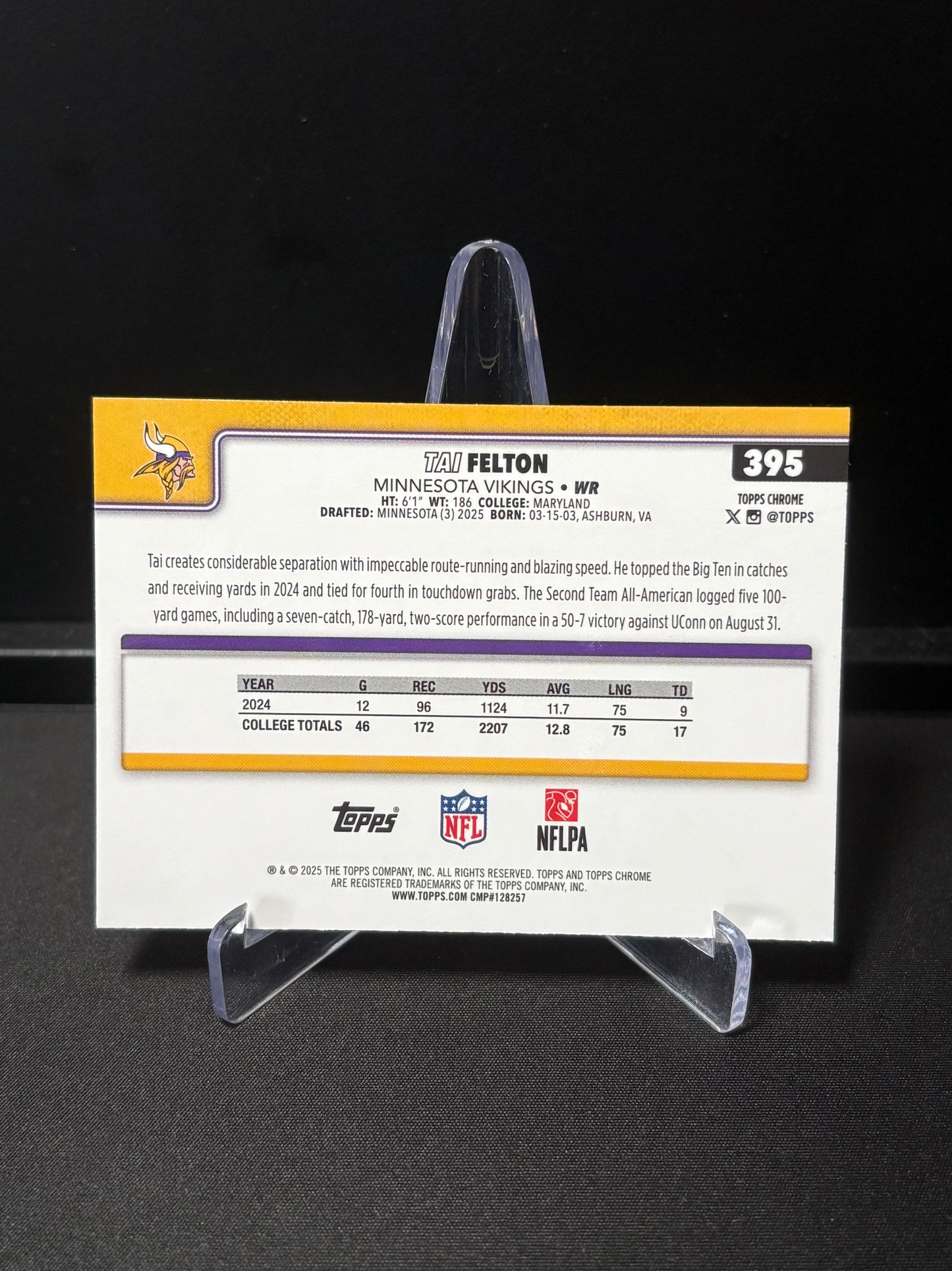 Tai Felton RC Topps Chrome 2026 "Pink /250" Minnesota Vikings