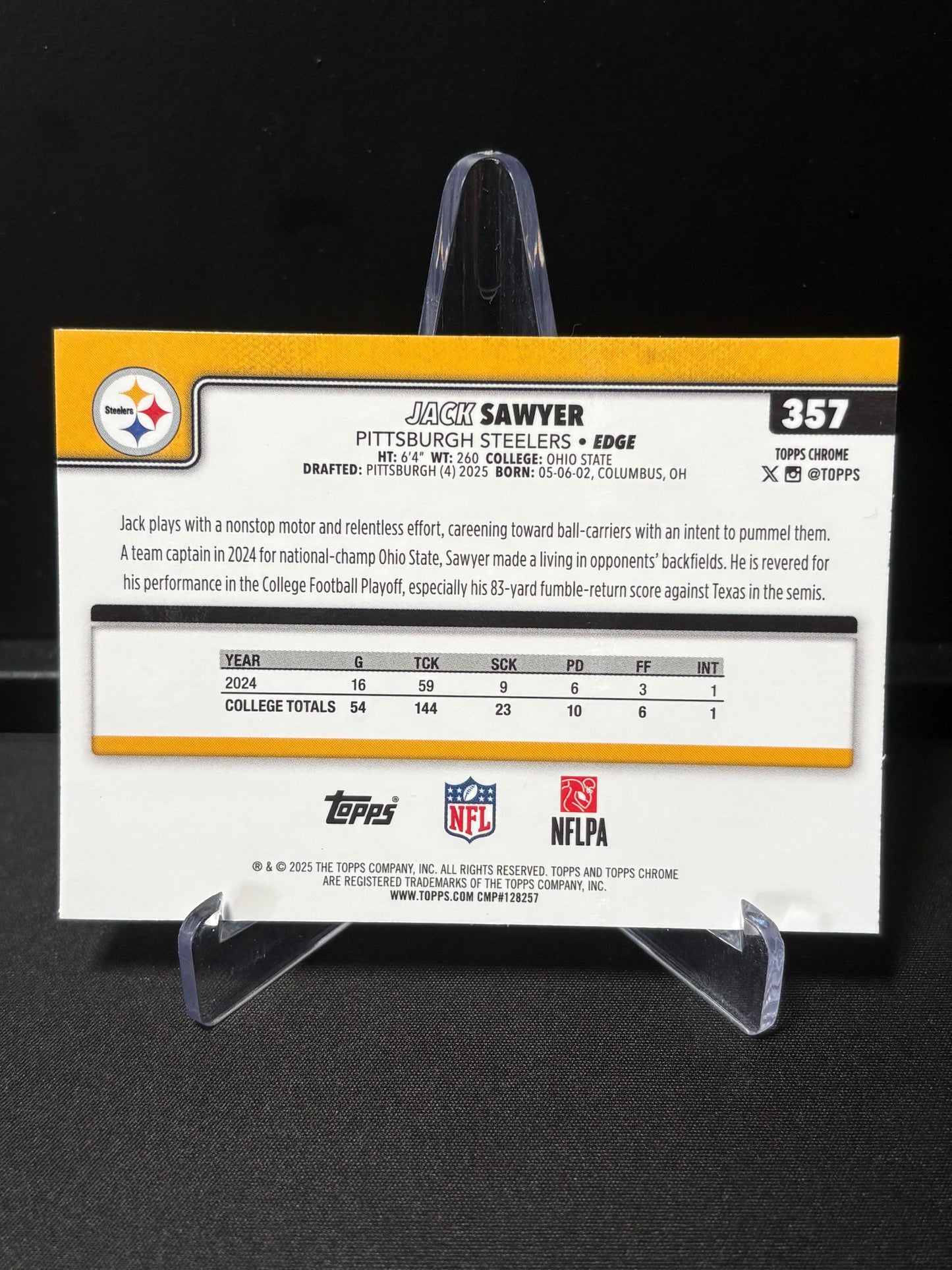 Jack Sawyer RC Topps Chrome 2026 "Aqua /199" Pittsburgh Steelers