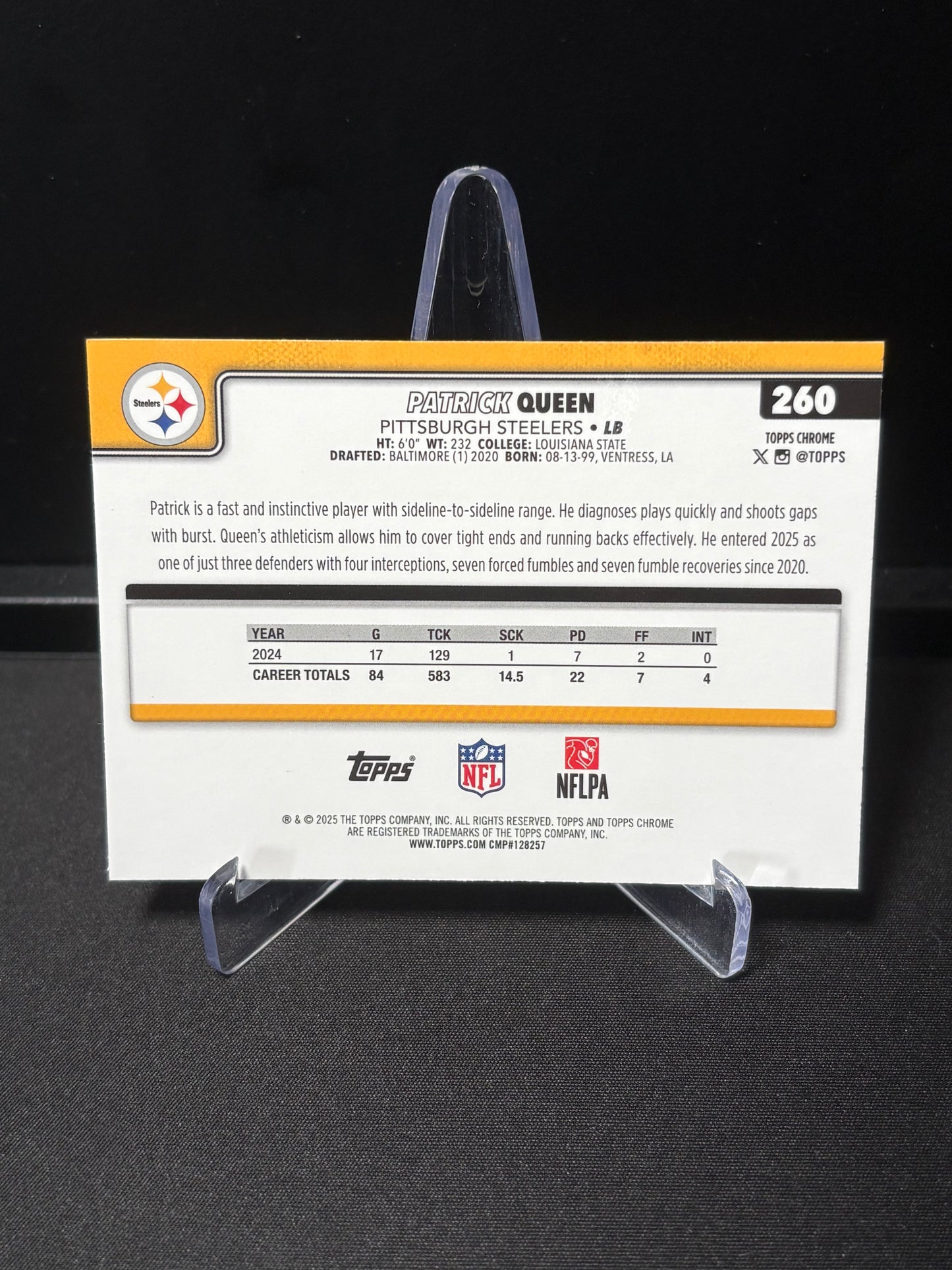 Patrick Queen Topps Chrome 2026 "Purple Lava /75" Pittsburgh Steelers