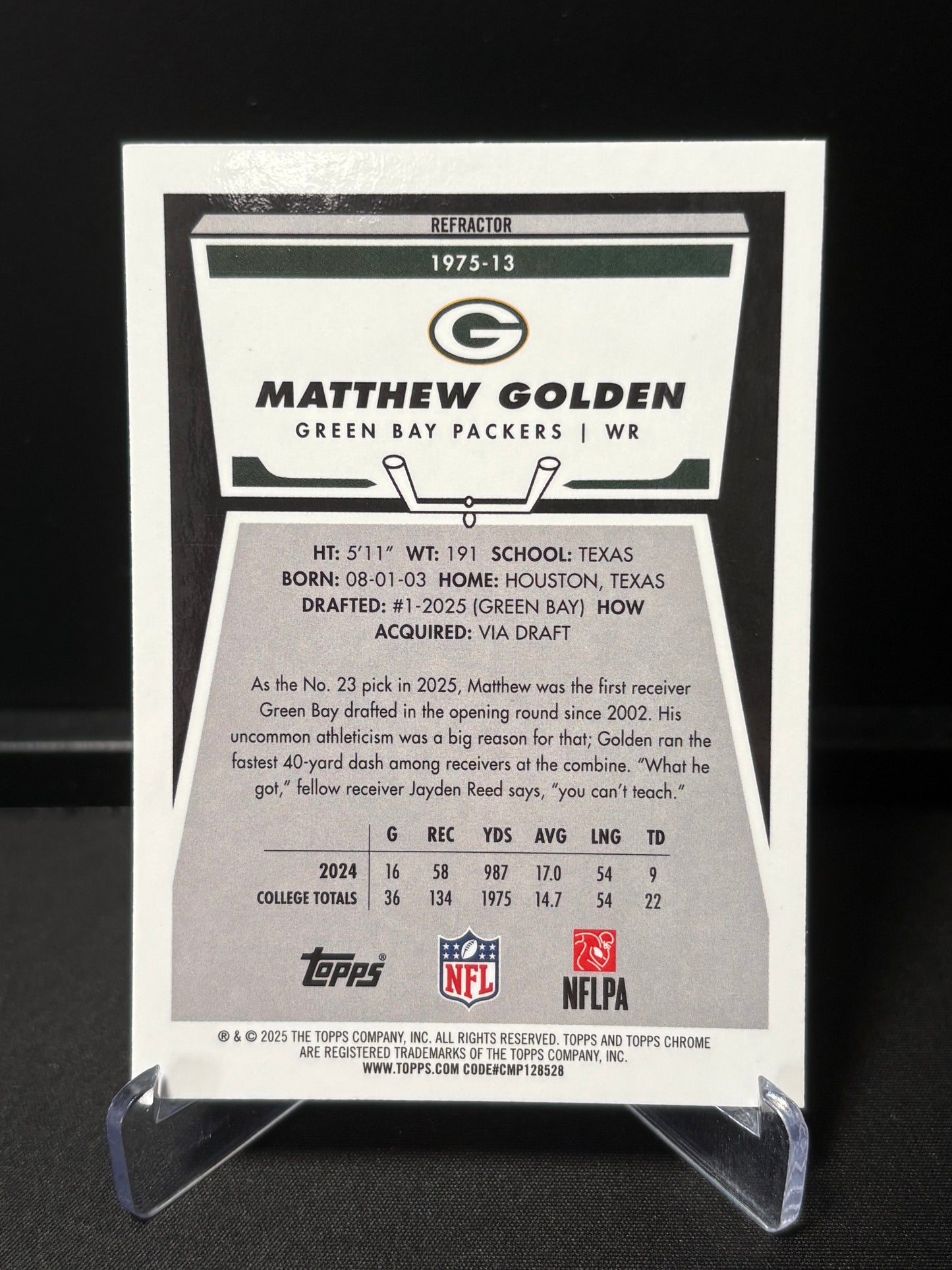 Matthew Golden RC Topps Chrome 2026 " 1975 Refractor" Green Bay Packers