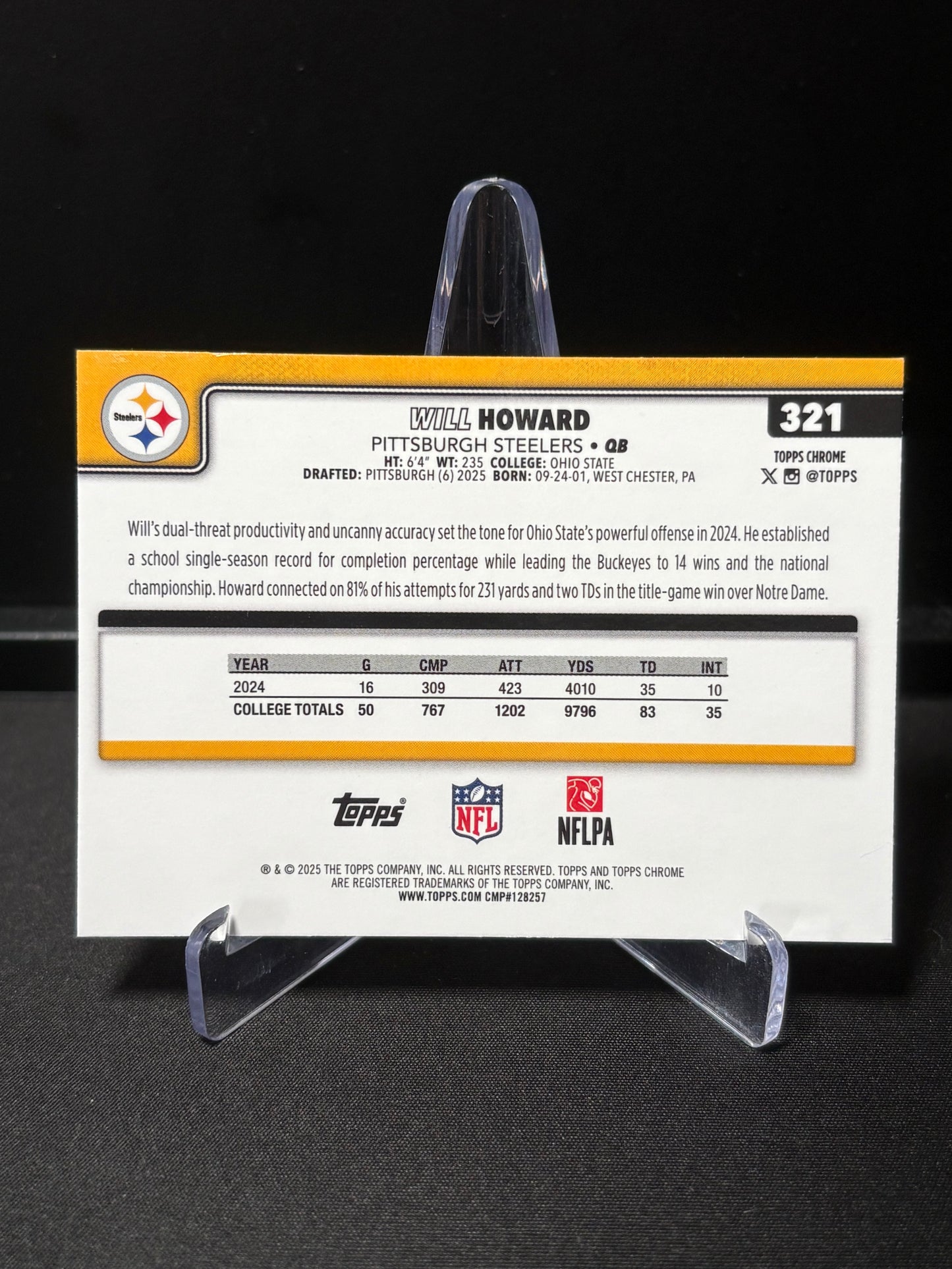 Will Howard RC Topps Chrome 2026 "Pink X-Fractor" Pittsburgh Steelers