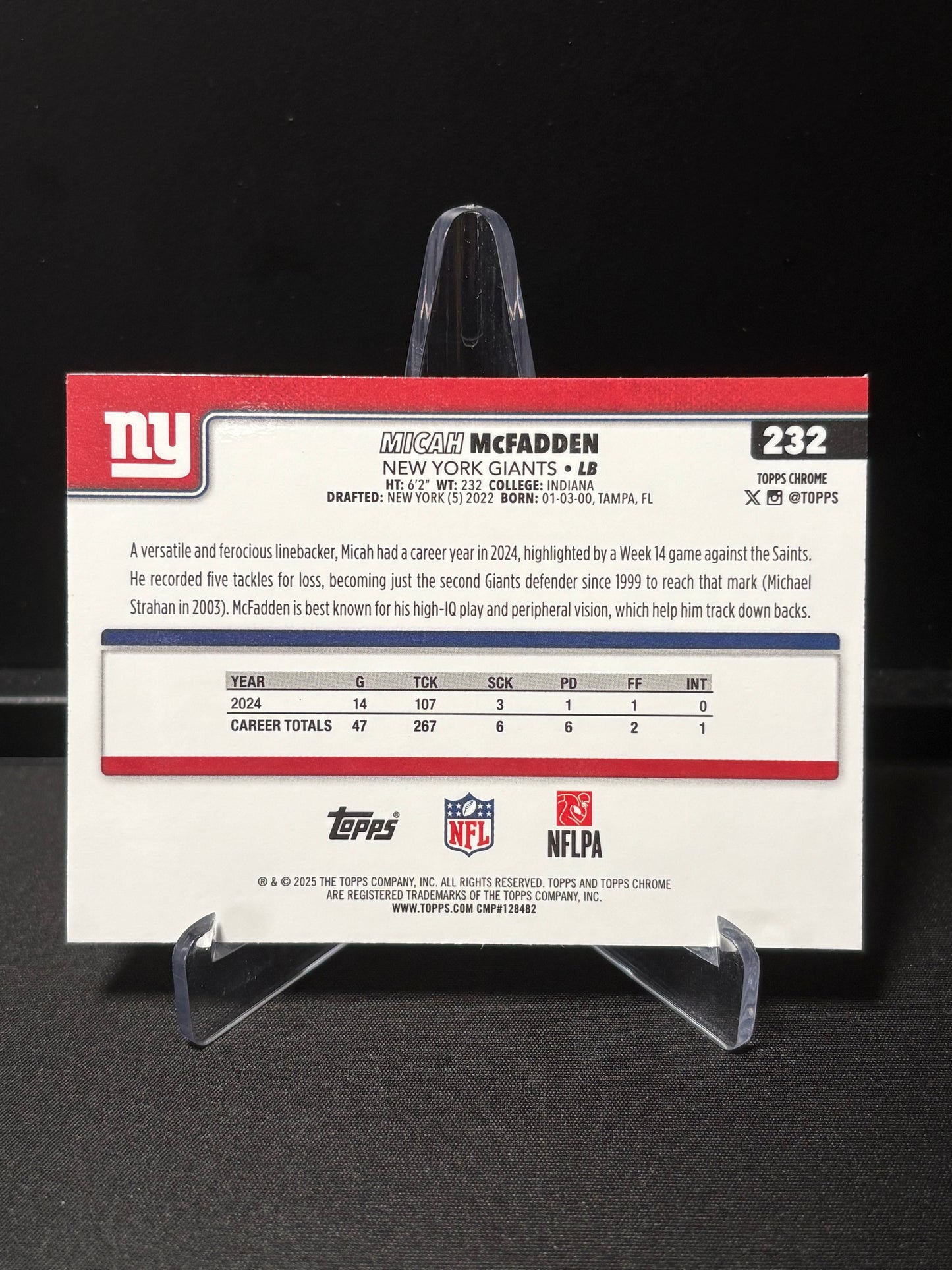 Micah McFadden Topps Chrome 2026 "Lightboard Logo" New York Giants