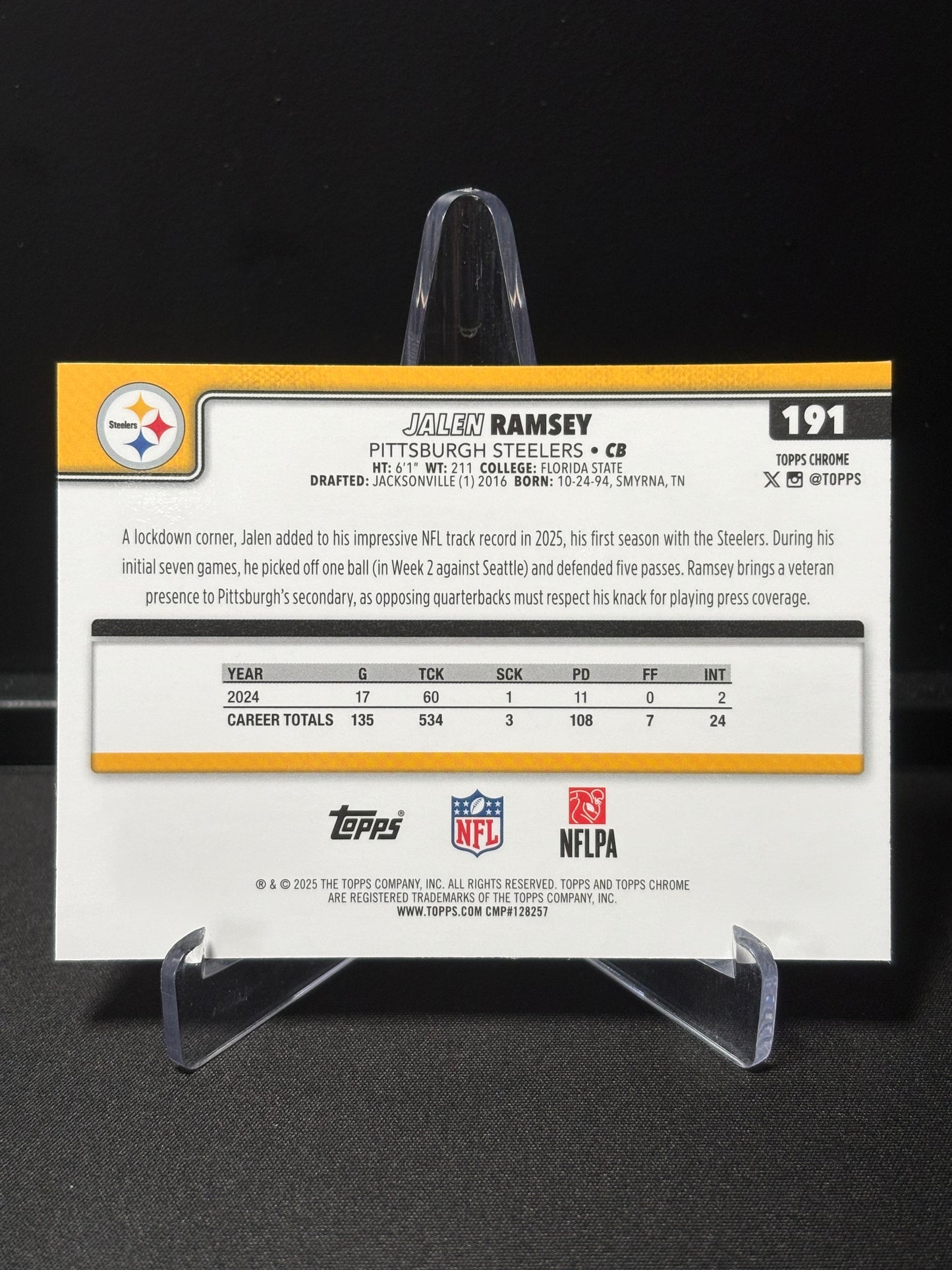 Jalen Ramsey Topps Chrome 2026 "Pink X-Fractor" Pittsburgh Steelers