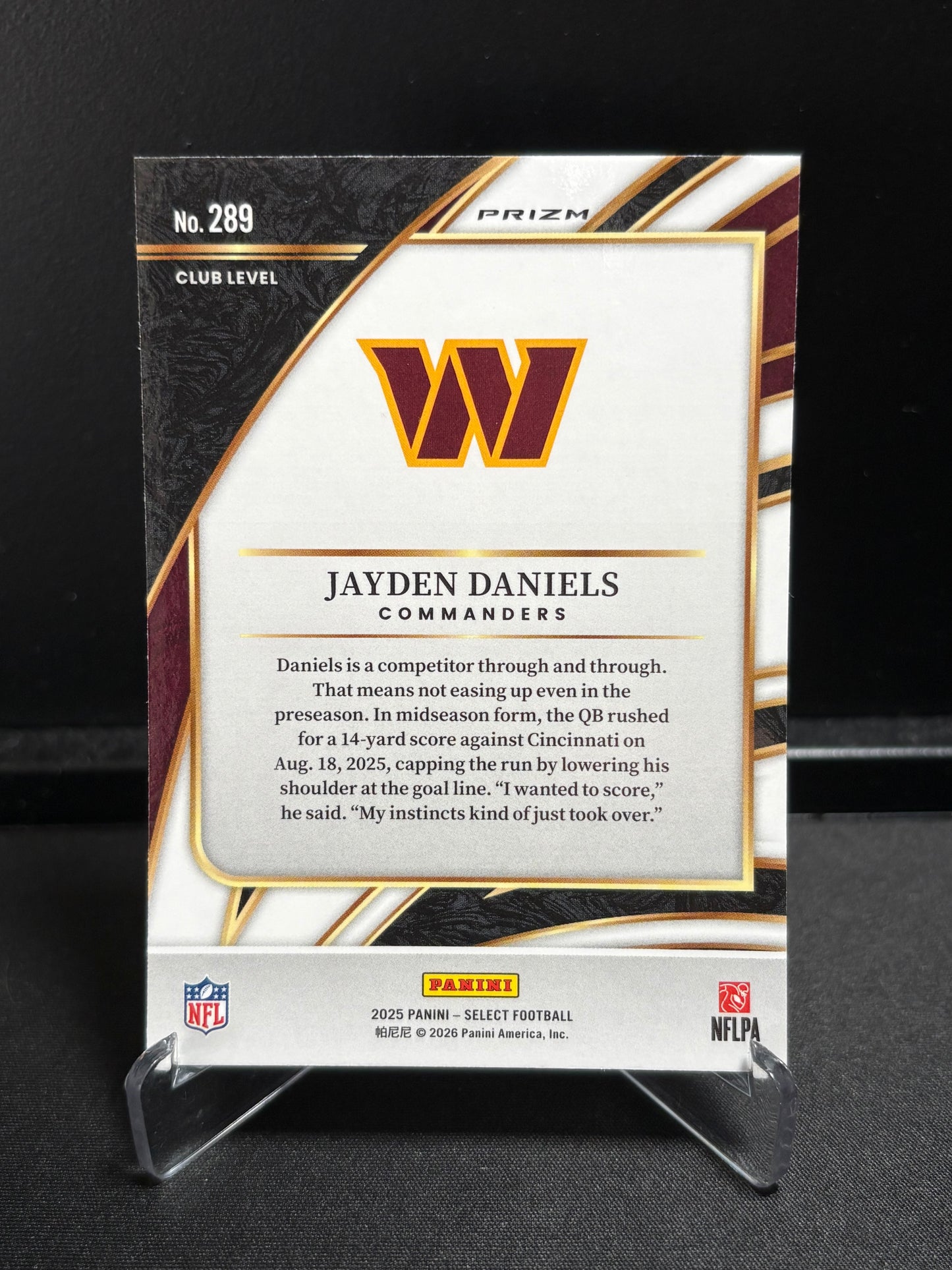 Jayden Daniels Panini Select 2025 "Club Level Prizm" Washington Commanders