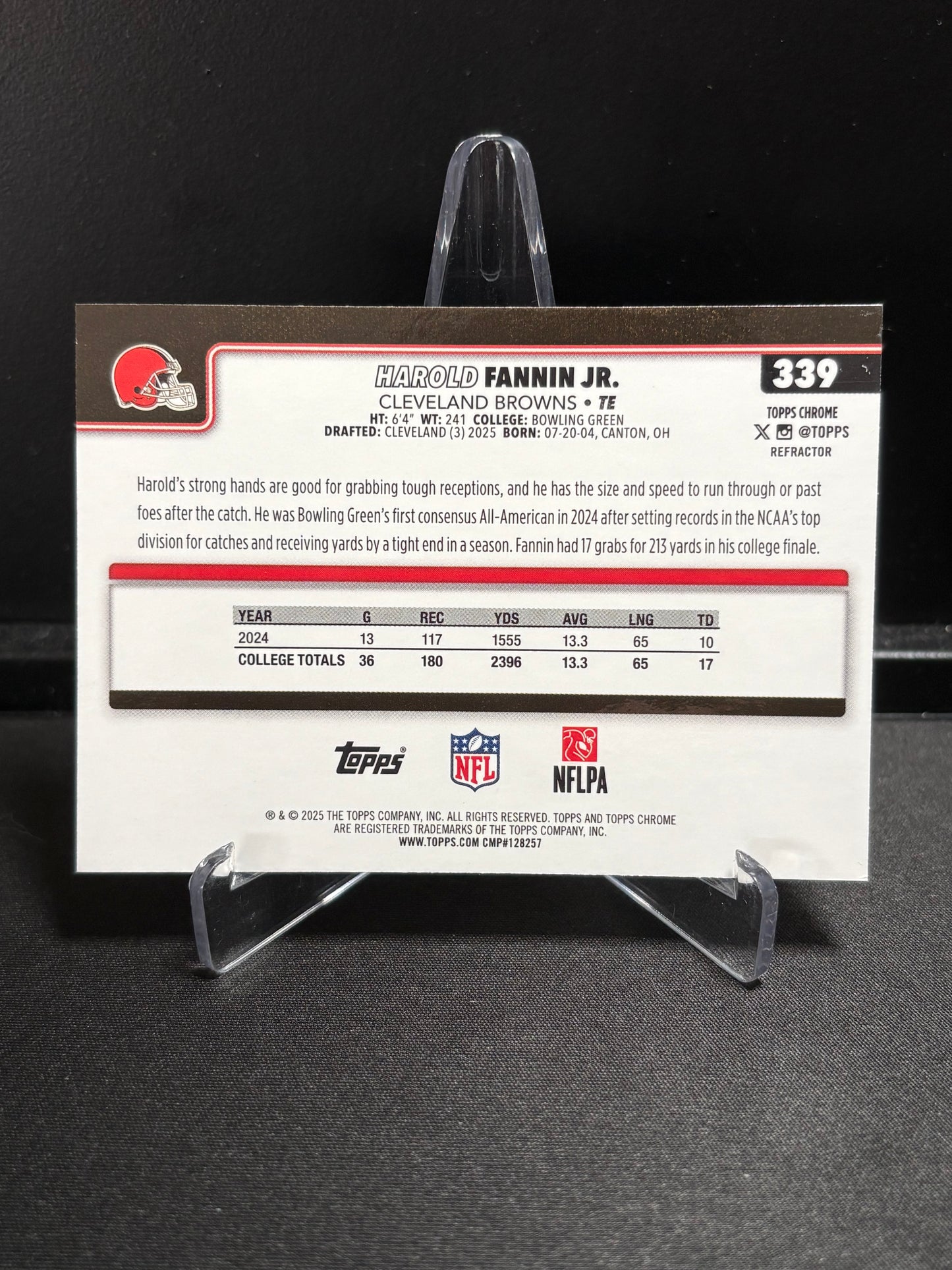 Harold Fannin Jr. RC Topps Chrome 2025 "Refractor" Cleveland Browns