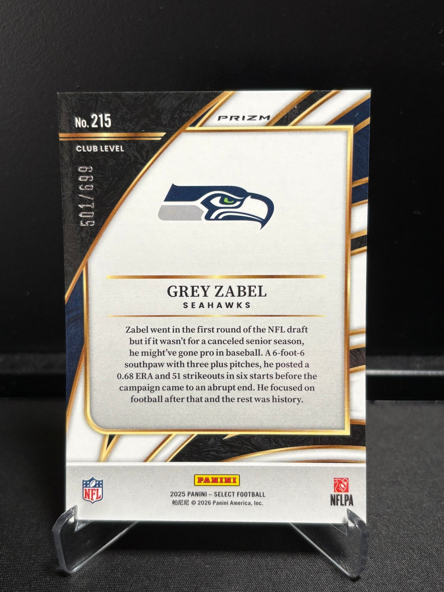 Grey Zabel RC Panini Select 2025 "Green Club Level /699" Seattle Seahawks