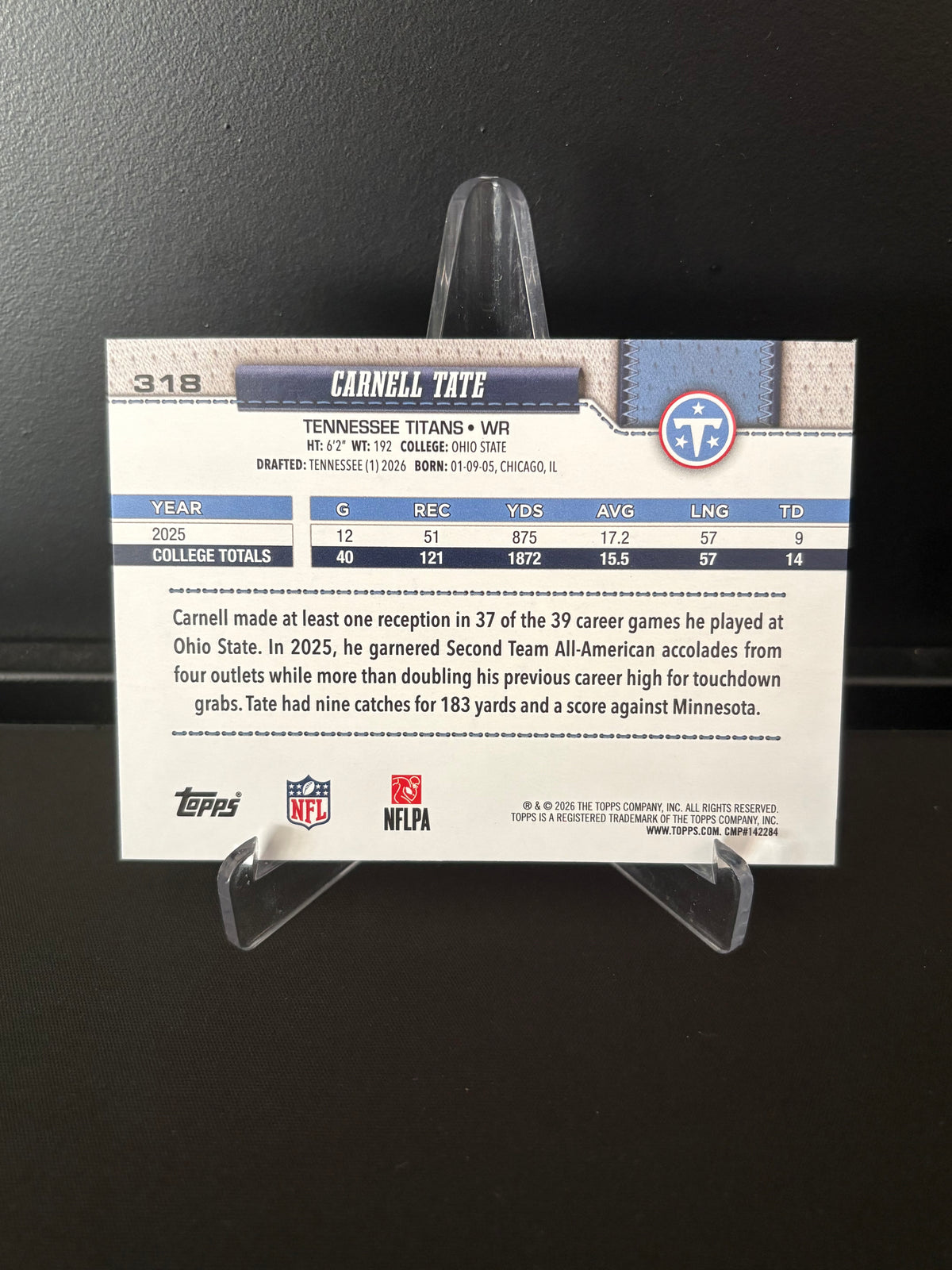 Topps NFL 2026 – Carnell Tate #318 | Rookie Card – Tennessee Titans