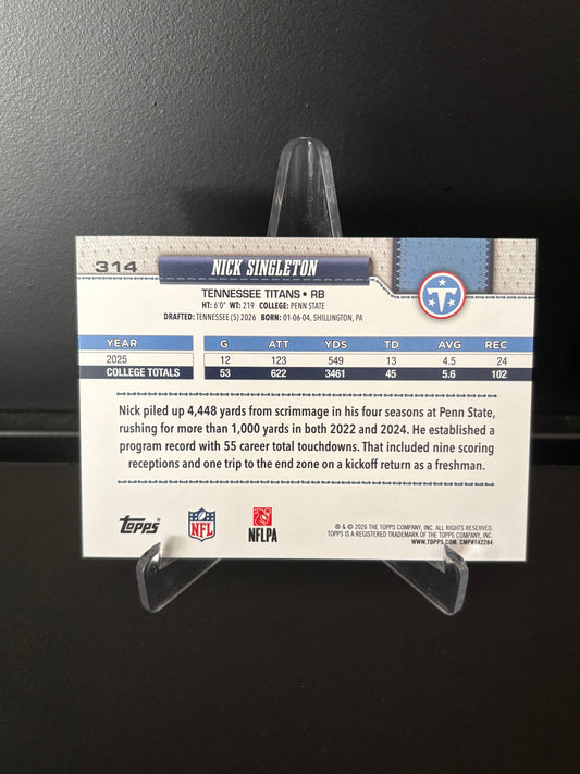 Topps NFL 2026 – Nick Singleton #314 | Rookie Card – Tennessee Titans