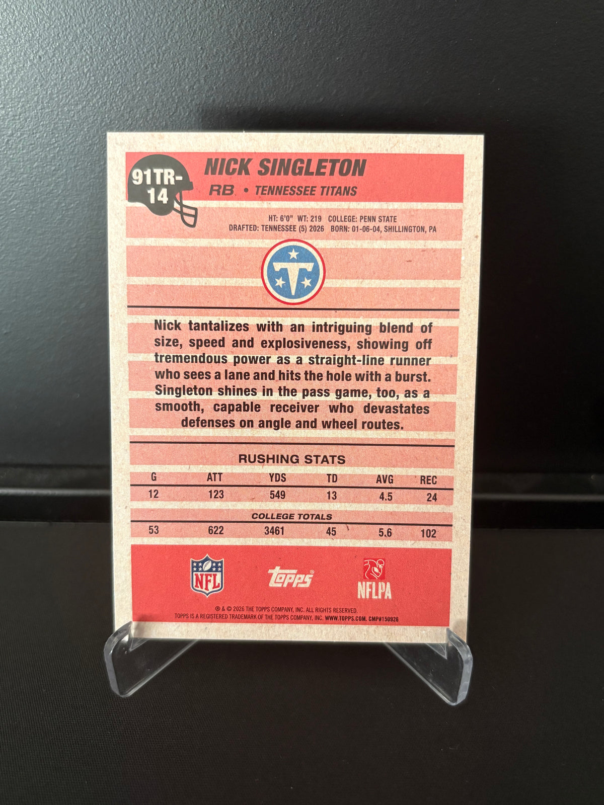 Topps NFL 2026 – Nick Singleton #91TR-14 | 35th Anniversary Rookie Card – Tennessee Titans